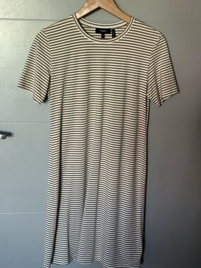 Theory Beige and White Striped Midi Dress